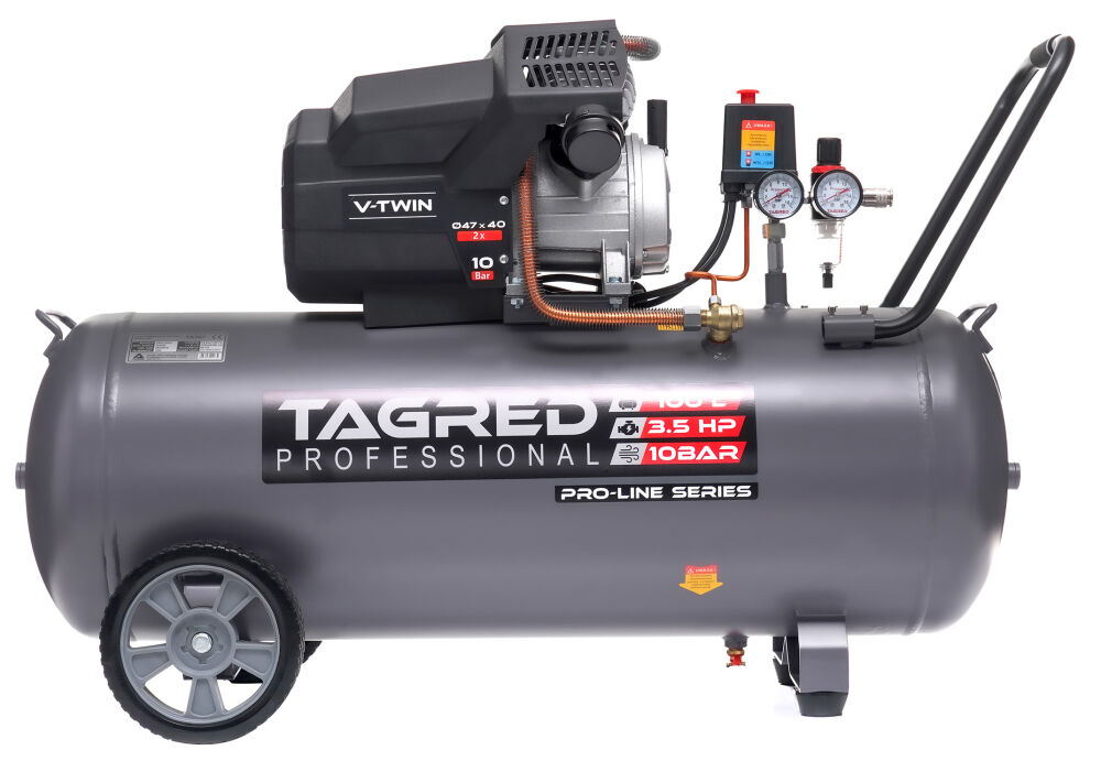 Olejový kompresor, dvojpiestový TAGRED 100L V2, 10bar, 230V, zosilnený, 2 oleje